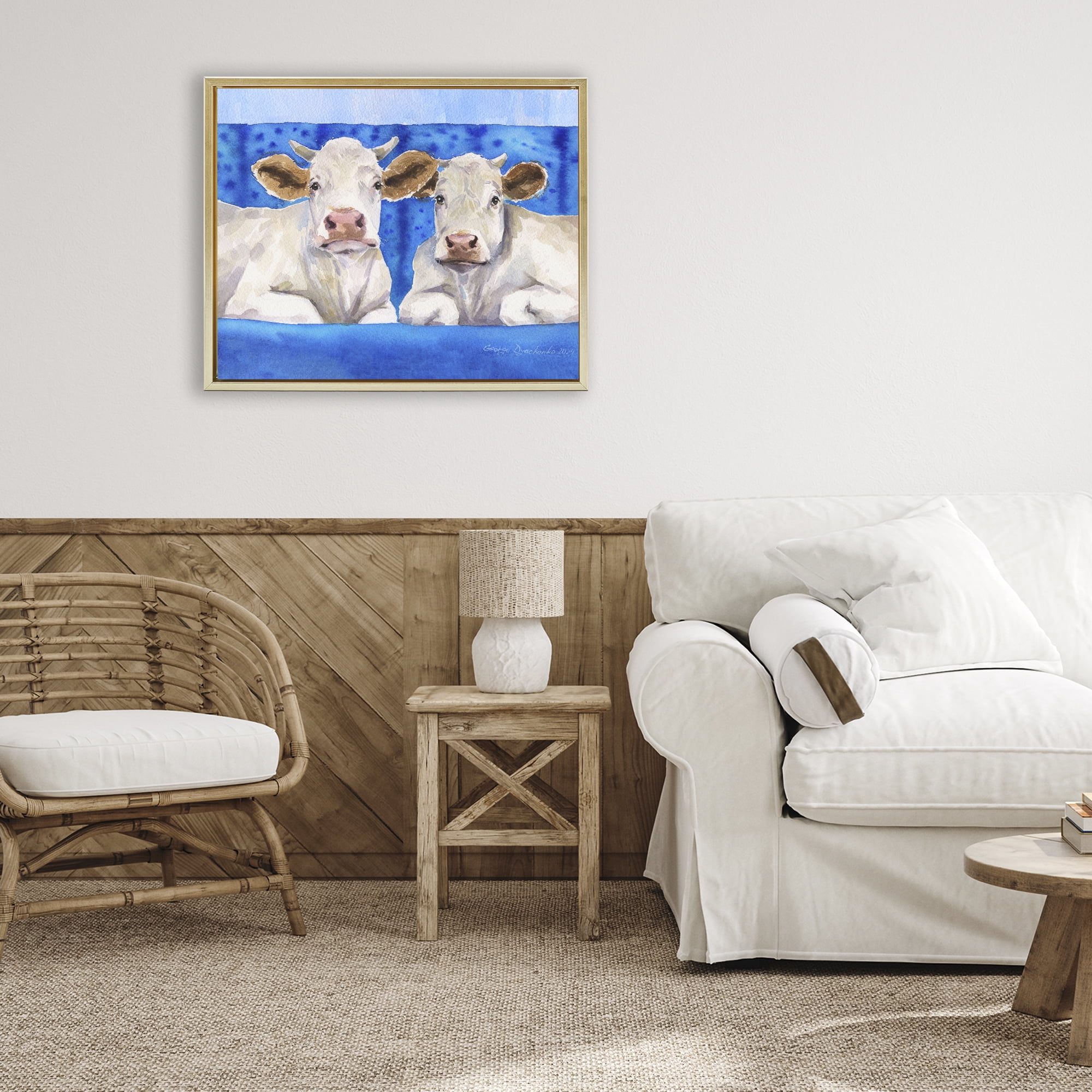 Stupell Industries White Cows on Blue Sofa Gold Framed Floater Canvas Wall Art, design by George Dyachenko