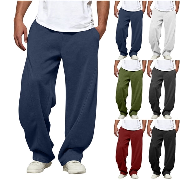 Vhkiploz Fall Wide Leg Sweatpants for Men's Drawstring Patchwork Solid Color Trousers Sporty Gym Workout Athletic Joggers with Side Pockets