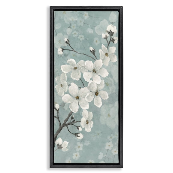 Stupell Industries Cherry Blossoms on Green Floral Painting Black Floater Framed Canvas Art Print Wall Art, 11 x 25