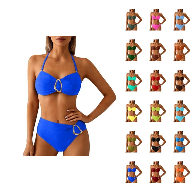 Bikinis for Women 2026 Fashionable Metal Buckle Adjustable Straps Top with High Waisted Bottom Two Piece Bathing Suits Woman