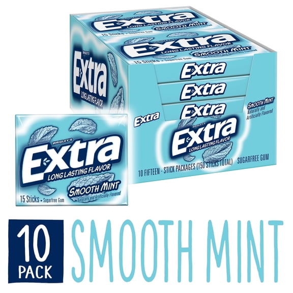 Extra Long Lasting Smooth Mint Sugar-Free Gum, 10 Packs, 15 Sticks Each, Fresh Mint Flavor