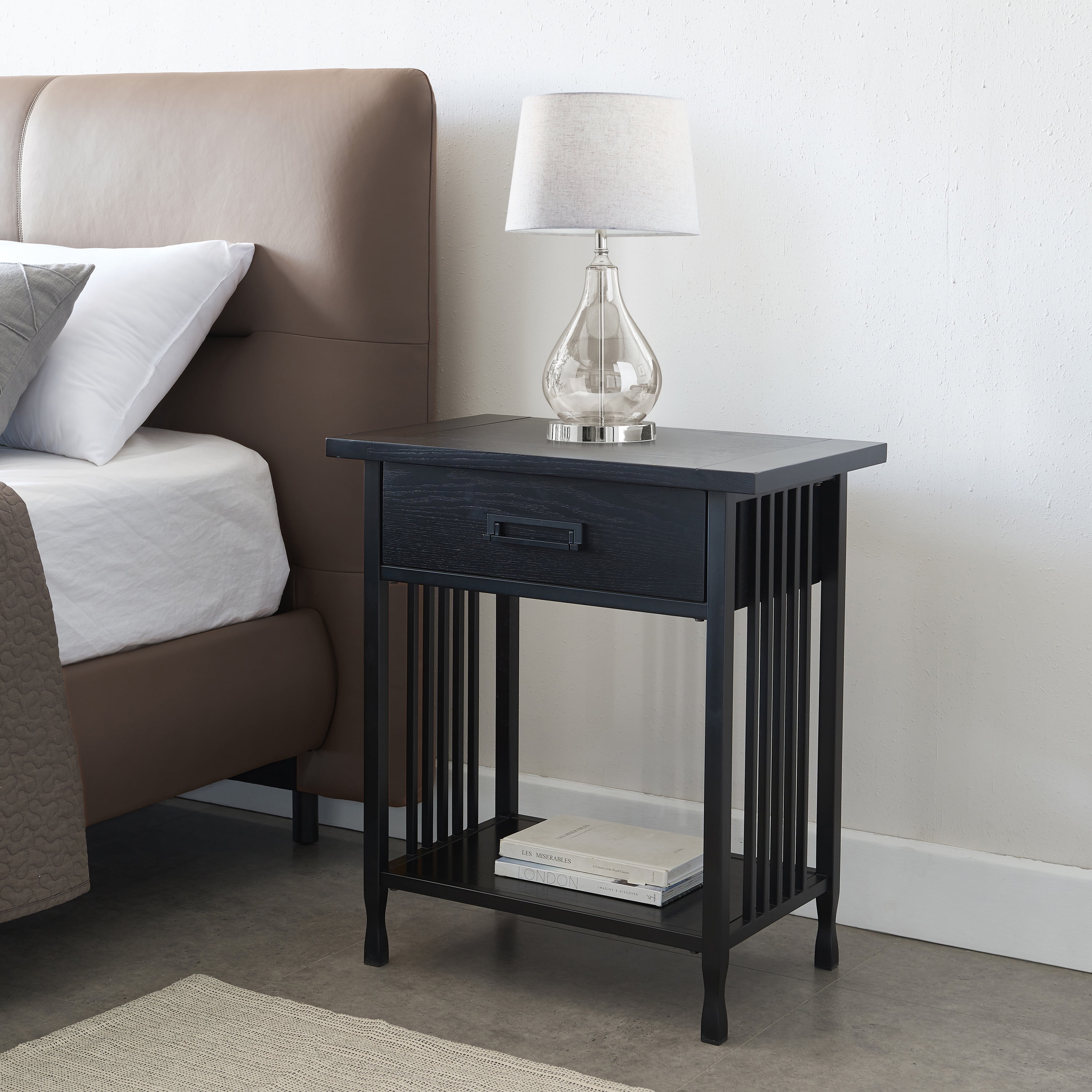 Leick Home 11222-BK Ironcraft Rustic One Drawer Nightstand Side Table, Black Wash