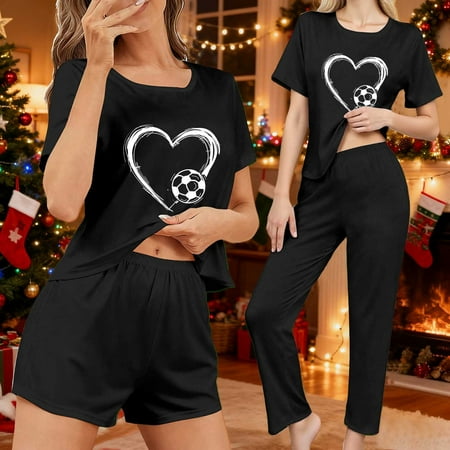 Taylonsss Women s Casual Pajama Set 3PC Soft Short Sleeve Top with Lounge Pants and Shorts Home Relaxation Sleepwear