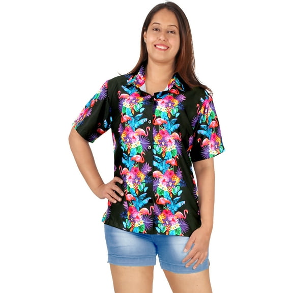 LA LEELA Button Down Shirt for Women Floral Summer Beach Party Blouses Shirt Hawaiian T-Shirt Blouse Short Sleeve Vacation Flamingo Shirts for Women S Tropical, Black