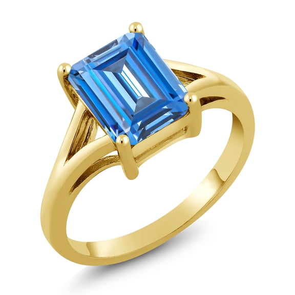 Gem Stone King 18K Yellow Gold Plated Silver Fancy Blue Zirconia Solitaire Engagement Ring for Women 2.62 Cttw, Emerald Cut 9X7MM, Gemstone Birthstone (Size 5)