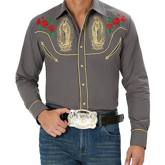 Camisa estilo occidental con estampado de flores, solapa, ropa de calle para exteriores, manga larga, estampado de botones, diseñador de moda tropical