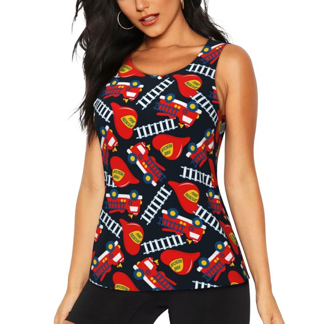Balery Fire Rescue With Red Helmet And Truck Camiseta sin mangas estampada ligera para mujer, tops de entrenamiento sin mangas, camisetas de yoga transpirables de secado rápido.-Medium