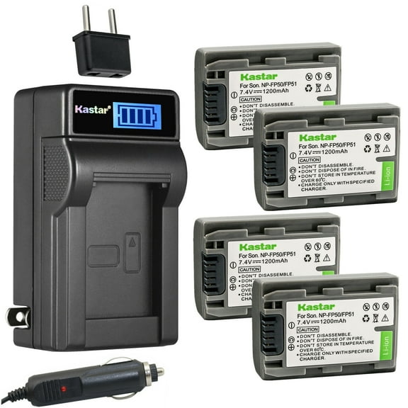 Kastar 4-Pack NP-FP50 / FP51 Battery and LCD AC Charger Compatible with Sony DCR-DVD103, DCR-DVD105, DCR-DVD202, DCR-DVD203, DCR-DVD205, DCR-DVD304, DCR-DVD305, DCR-DVD403, DCR-DVD404, DCR-DVD405
