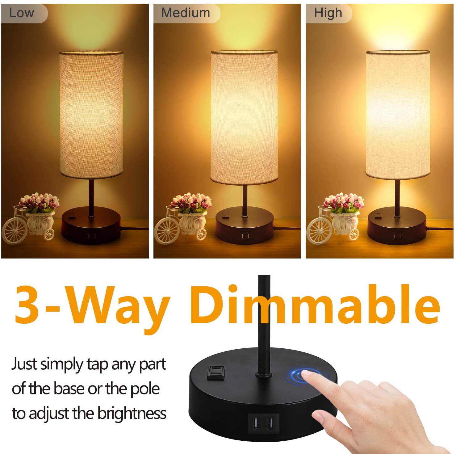 Industrial Metal Bedside Desk Nightstand Lamp Ideal for Bedroom Living Room 3-Way Touch Control Dimmable Table Lamp with 2 USB Charging Ports AC Outlet & Vintage St64 E26 Edison LED Bulbs Included 