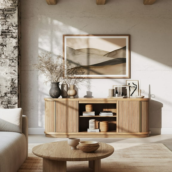 BELLEZE 67" Fluted TV Stand, Curved Entertainment Center with Sliding Tambour Doors, Media Console Table for TV up to 75" For Living Room (Camel)