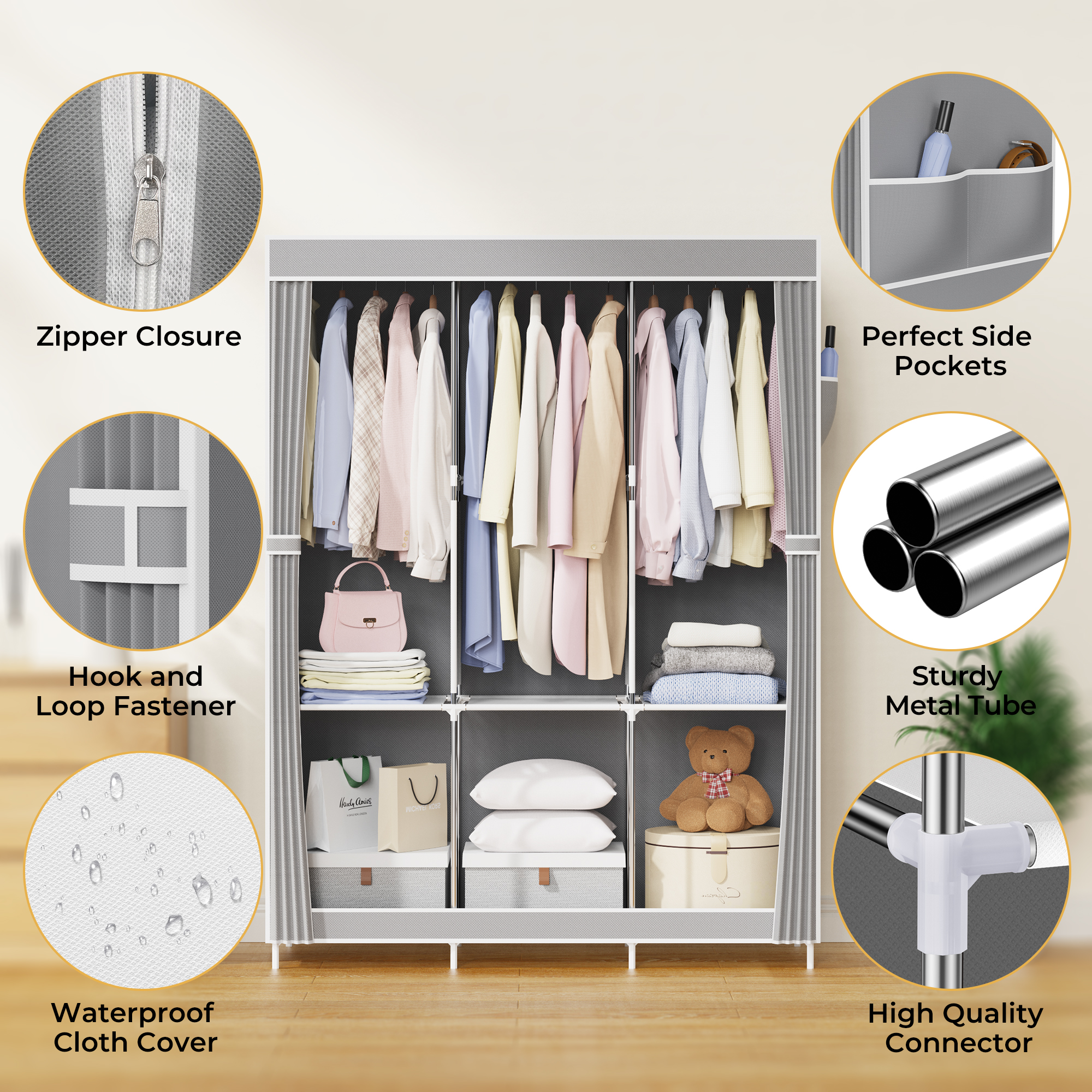 Riousery Portable Closet Wardrobe for Hanging Clothes  6 Storage Organizer Shelves Closet for Bedroom Free Standing Clothes Rack with Cover, Grey - image 2 of 7