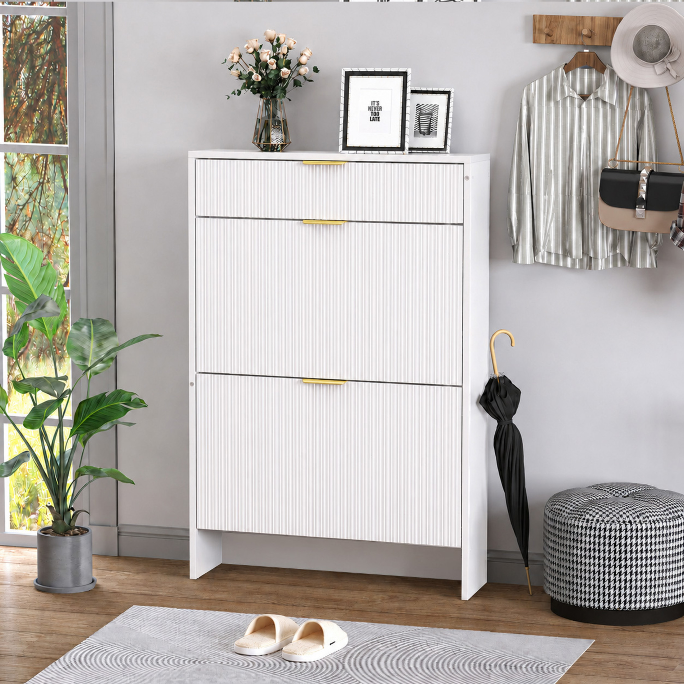 GDF Studio Solus Narrow Fluted Shoe Storage Cabinet with Gold Pull Handles, Modern Slim Hallway Organizer, White