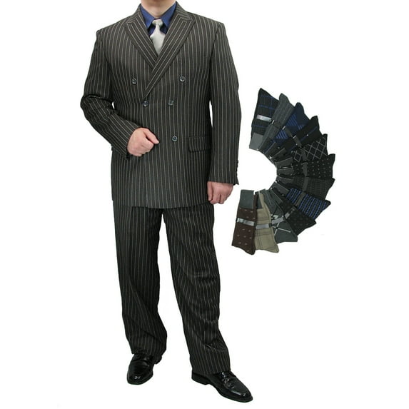 Sharp Luxurious 2pc Men's Double Breasted Pinstripe Suit w/1 Pair of Socks - Charcoal Gray 46S