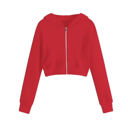 IVEYRTF Girls Hooded Crop Sweatshirt Long Sleeve Pullover Tops with Pocket Casual Fall Winter Jacket Outerwear for Teen Youth Kids(Red 7-8 Years)