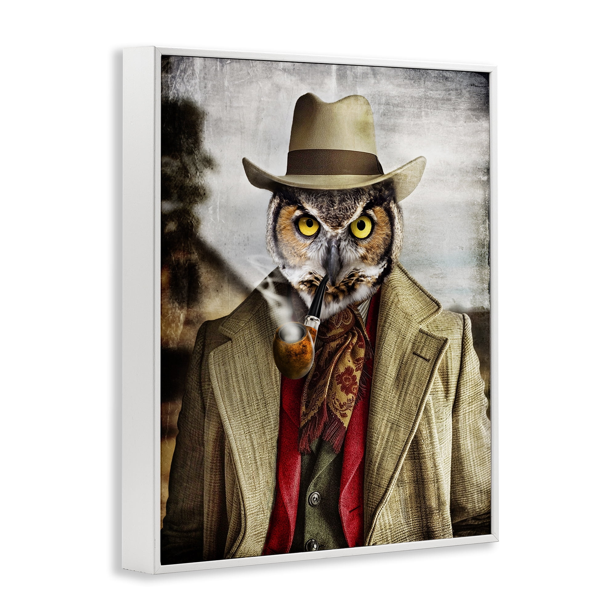 Stupell Industries Owl with Classic Pipe Animals & Insects Painting White Framed Art Print Wall Art, 24 x 30