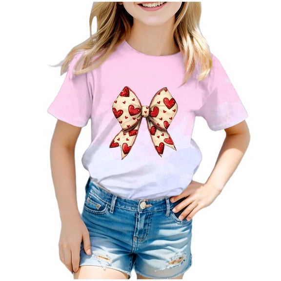 Gerichy Girls Graphic Print T-Shirt Girls Valentines Day Shirt Cute Printed Round Neck Short Sleeve Tshirt Top Summer Tops