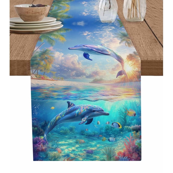 Ldtrchee Ocean Dolphins Table Runner 70 Inches, Summer Coral Coconut Trees Tropical Fish Bed Runner Dresser Scarves Tabletop for Indoor Outdoor Parties/Ceremony/Banquet, 13" x 70"