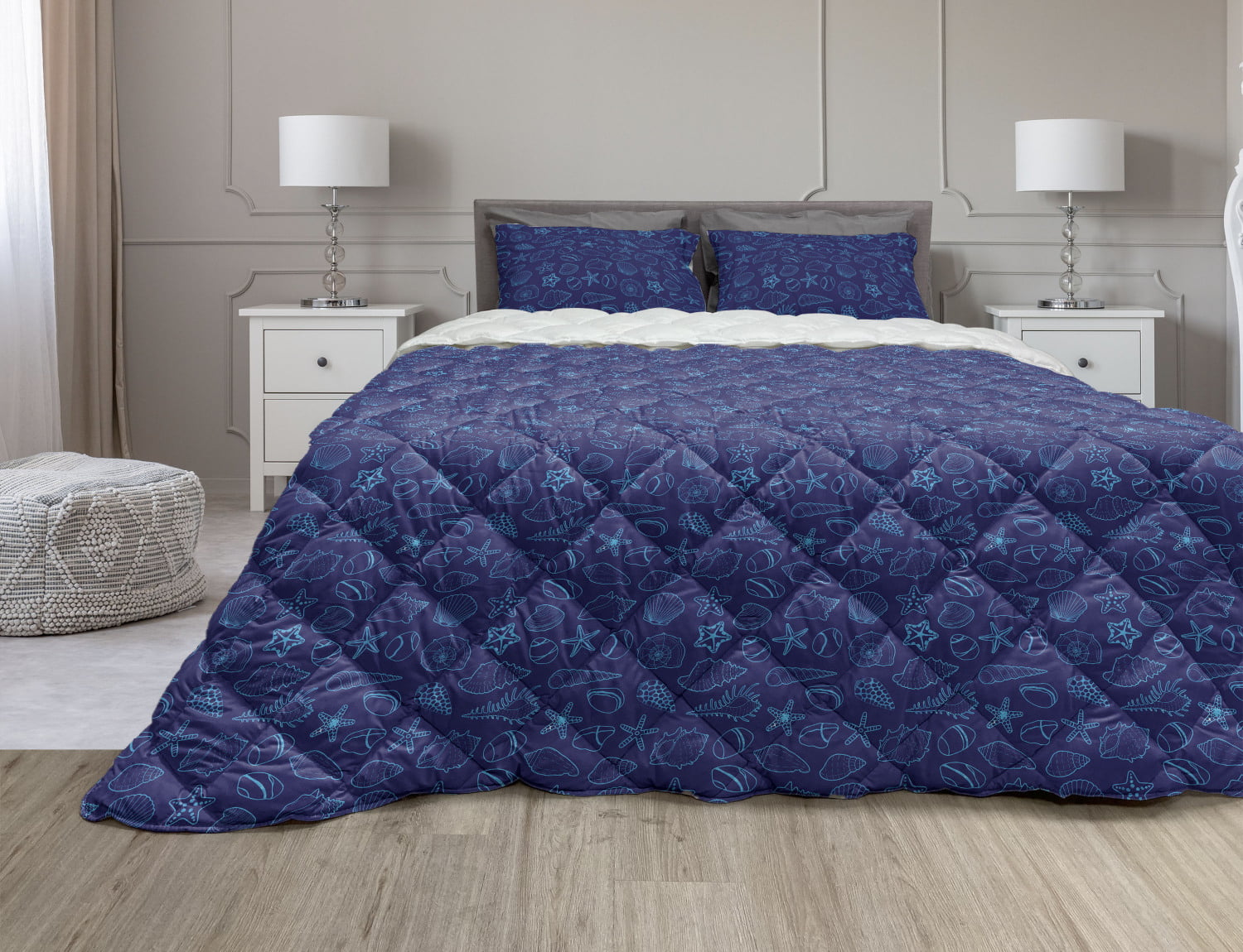 Luxury Blue White Shells Motif Quilted Cotton Comforter Set AND Decorative Shams 
