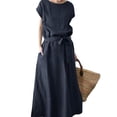 thumbnail image 2 of ZenCart Women's Boho Cotton Linen Maxi Dress Summer Short Sleeve Round Neck Long Dress with Belt And Pockets Casual Beach Sundress, 2 of 8