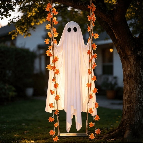 5.9FT Hanging Swinging Ghost Halloween Decor - Outdoor Halloween Decorations with Ghost on A Swing for Outside Garden Yard Porch Tree, Spooky Cute Ghosts with String Lights for Indoor Party