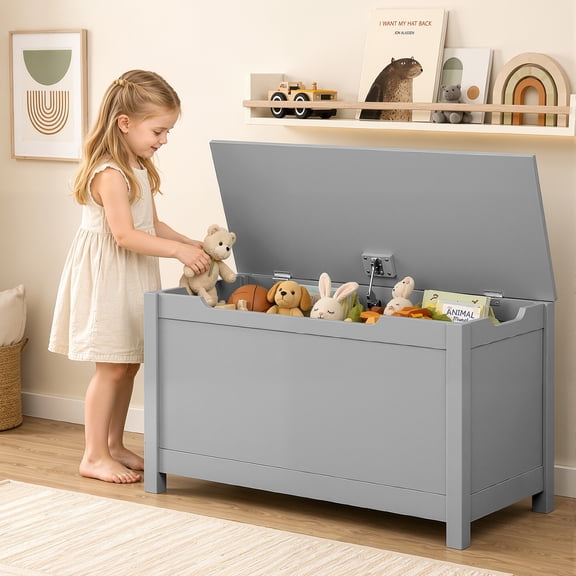 SESSLIFE Kids Wooden Toy Box with Safety Hinged Lid, Gray Toy Storage Organizer Toy Bench for Ages 2 and Up, Toy Chest for Playroom Bedroom Nursery
