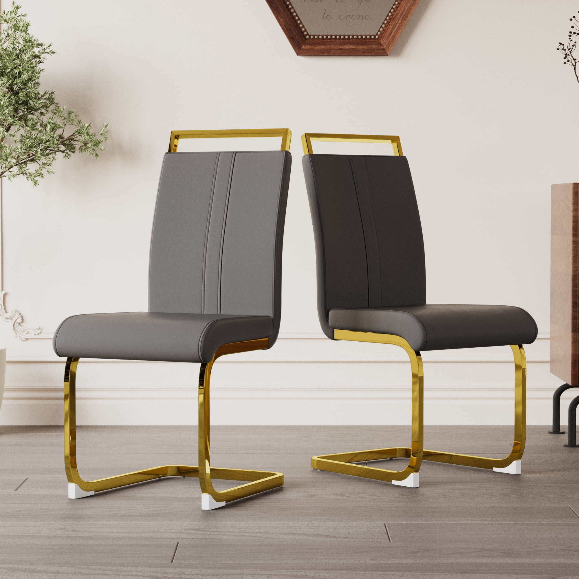 Dining Chairs Set of 4 PU Leather High Back Upholstered Chairs with Gold Metal Legs for Home Kitchen Dining Room Patio, Grey