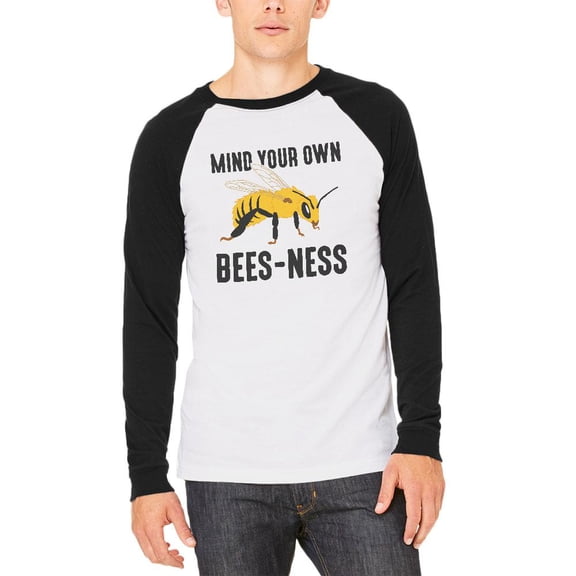 Honey Bee Mind Your Own Bees-ness Business Mens Long Sleeve Raglan T Shirt White-Black LG