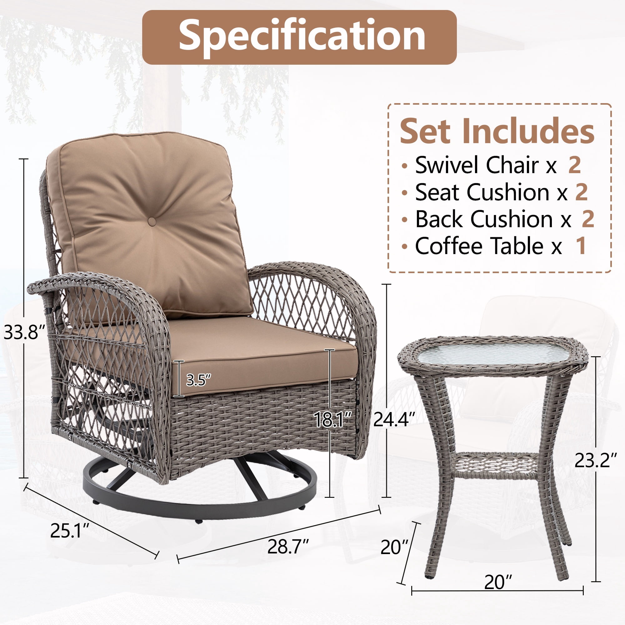 3 Pieces Patio Furniture Set, Outdoor Rattan Swivel Rocker Chairs w/Coffee Table, Wicker Patio Bistro Set for Porch Poolside, Patio Conversation Sets w/Cyan Thickened Cushions