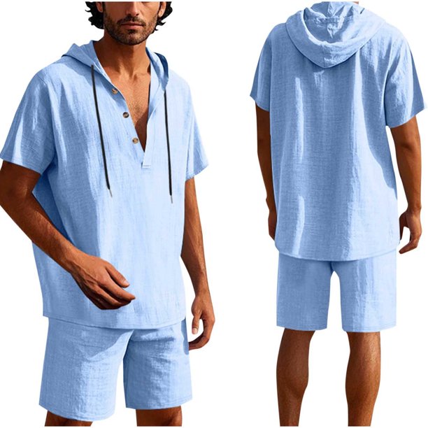 Conjunto de Pantalones Cortos para Hombre 2 Piezas Outfits Color Sólido Botón Cordón de Lino Camiseta con Capucha Y Pantalones Cortos de Playa