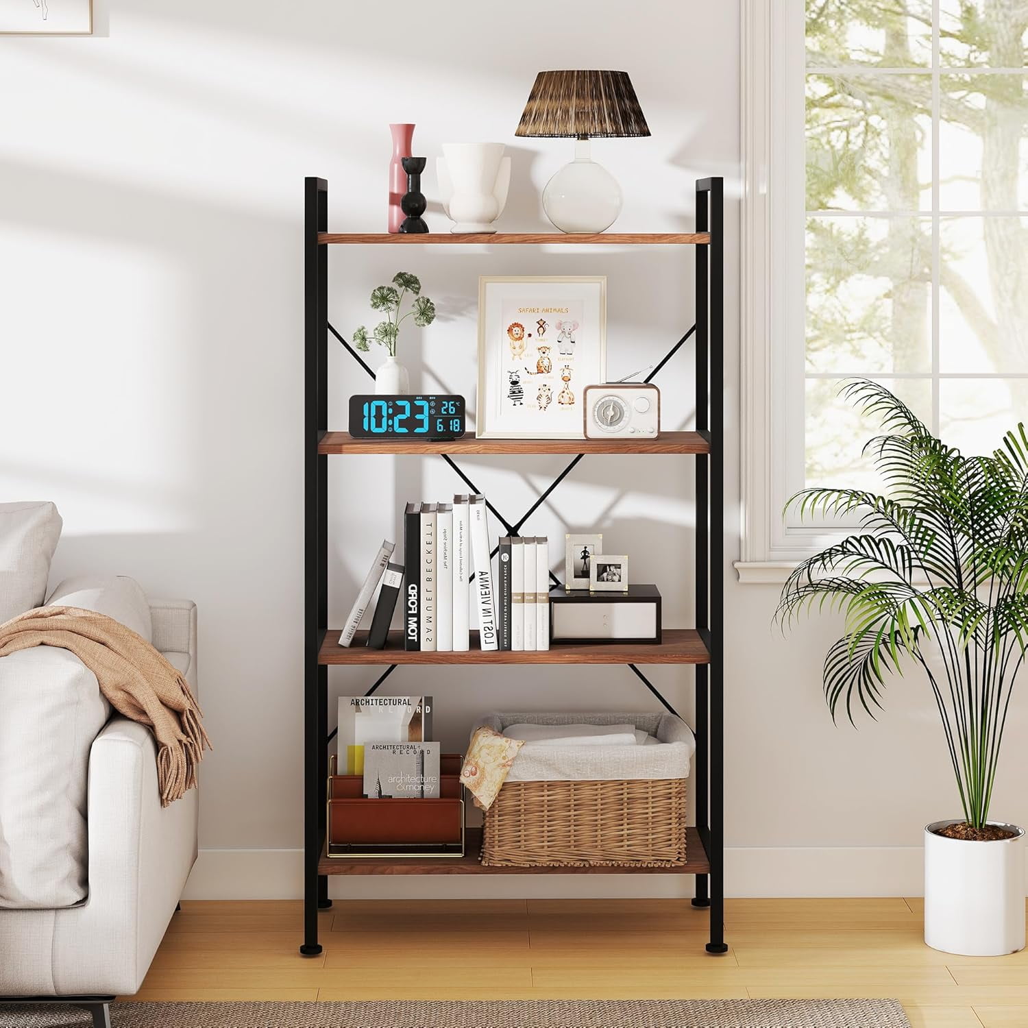 Bookshelf 4 Tier Industrial Bookcase Storage Organizer Display Shelves for Books/CDs Bedroom Living Room Home Office Walnut