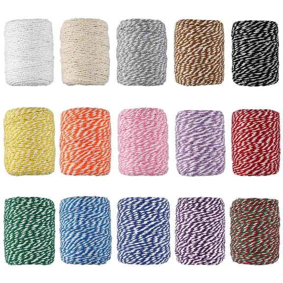Colorful Bakers Twine, 15 Rolls 2mm 3 Strands Cotton String for Cooking, Artworks, DIY Crafts, Plant Hanger and Embellishments, Festive Twine for Gift Wrapping (Each 164 Feet)