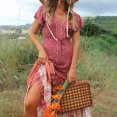 thumbnail image 4 of TEELYNN Vestido de verano con estampado floral de algodón para mujer, vestido bohemio informal largo de verano con cordón en la cintura y escote en V, vestidos playeros bohemios 2020, 4 of 5