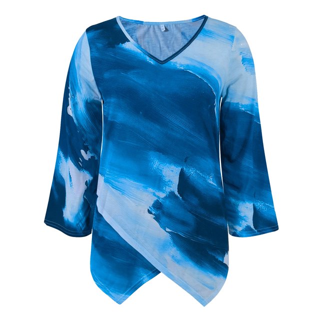 Gibobby Blusas Holgada Tops Vintage con estampado de y dobladillo Irregular con cuello en V suelto informal de manga larga para mujer(Azul, M)