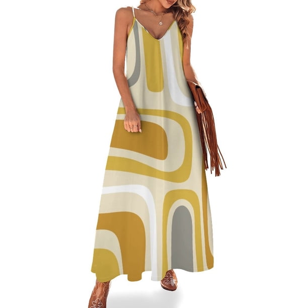 Vestido sin mangas gris ocre mostaza con estampado abstracto moderno de mediados de siglo de Palm Springs Vestidos largos