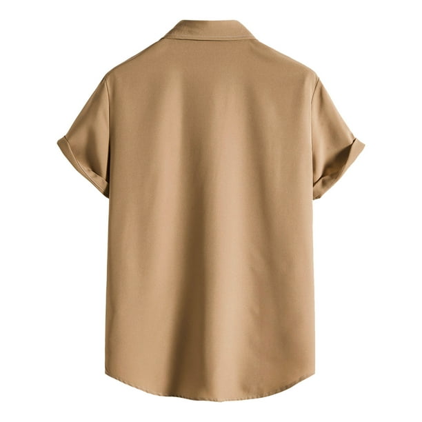 Camisa de manga corta con cuello vuelto y color liso para hombre, primavera/verano - Prenda informal de poliéster para el trabajo/el día a día