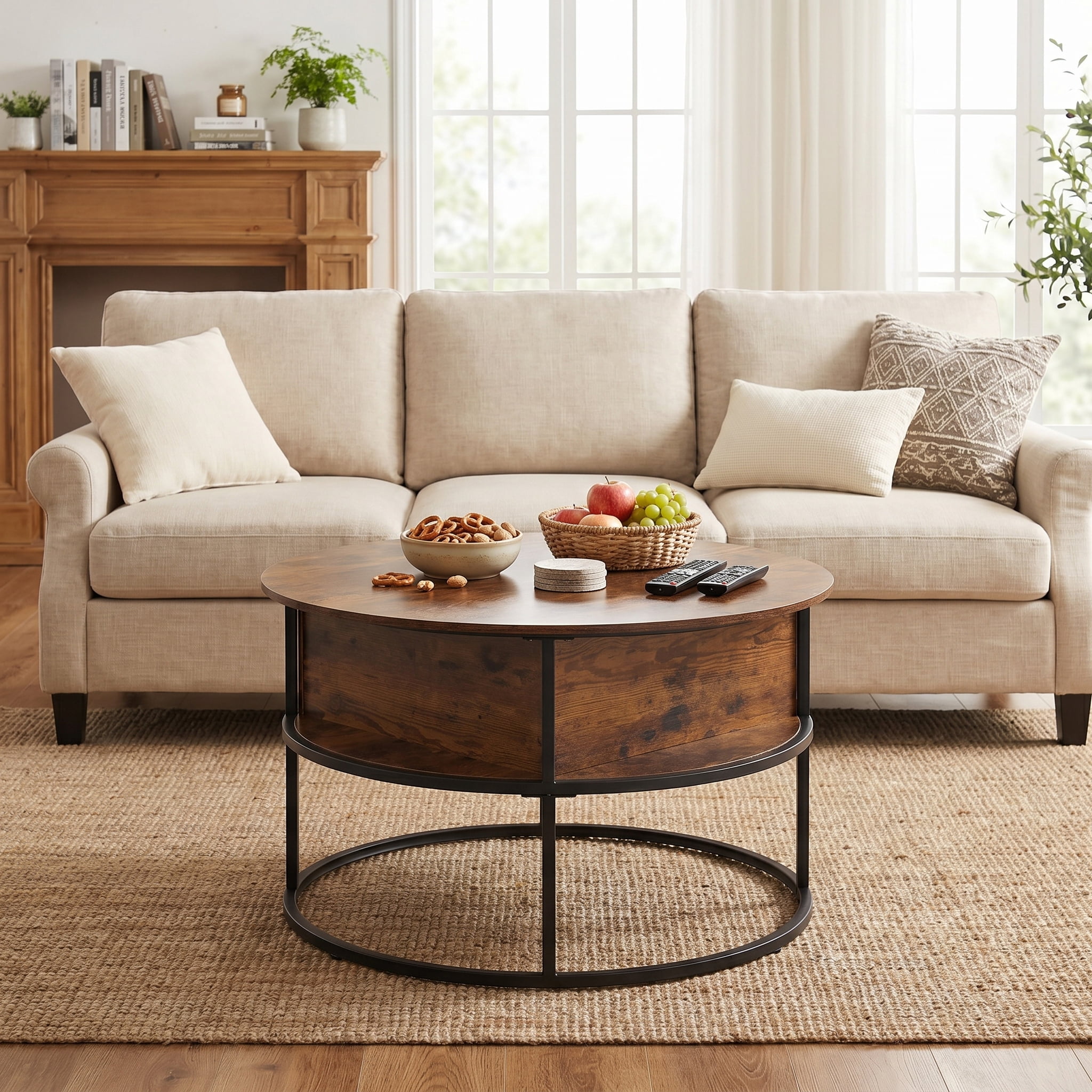 Cenovo Round Lift-Top Coffee Table with Hidden Storage and Open Shelf Modern Farmhouse Center Table for Living Room,Burnt Walnut