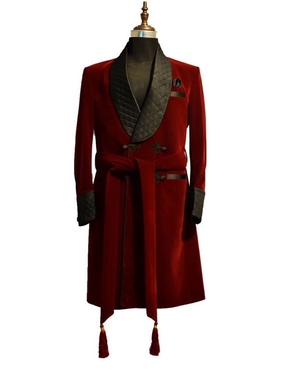 Luxurious Red Velvet Smoking Jacket - Below Knee Dressing Gown & Velvet Dinner Robe