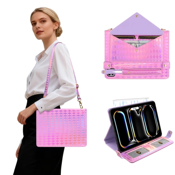 ELEHOLD Case for Samsung Galaxy Tab S9plus/S9FEplus/S8 /S7 , Crossbody Leather Wallet Protective Case Built-in Stand and Pen Slot,Pink