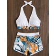 thumbnail image 2 of Traje de baño de 3 piezas para mujer Traje de baño Estampado floral Corbata Halter Top Bikini Conjunto con pantalones cortos Floral Blanco X Grande, 2 of 5