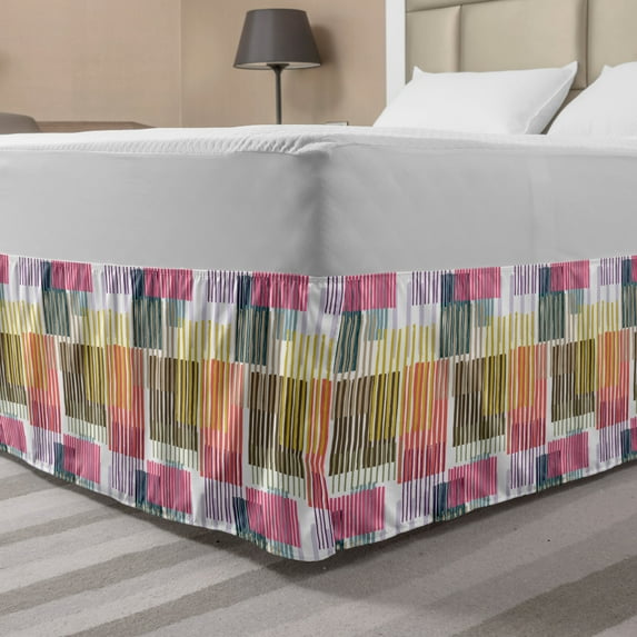Abstract Bed Skirt, Creative Modern Pattern with Continuous Colorful Stripes Illustration, Elastic Bedskirt Dust Ruffle Wrap Around for Bedding Decor, 4 Sizes, Multicolor, by Ambesonne