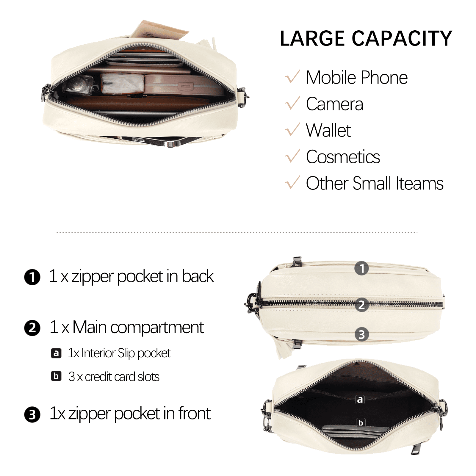KL928 Leather Crossbody Bag for Women Ladies Wide Strap Shoulder Bag Small Purses and Handbags(Beige)