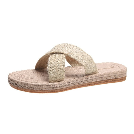 

Womens House Slippers Ladies Fashion Solid Color Flax Strap Straw Woven Bottom Flat Open Toe Slippers