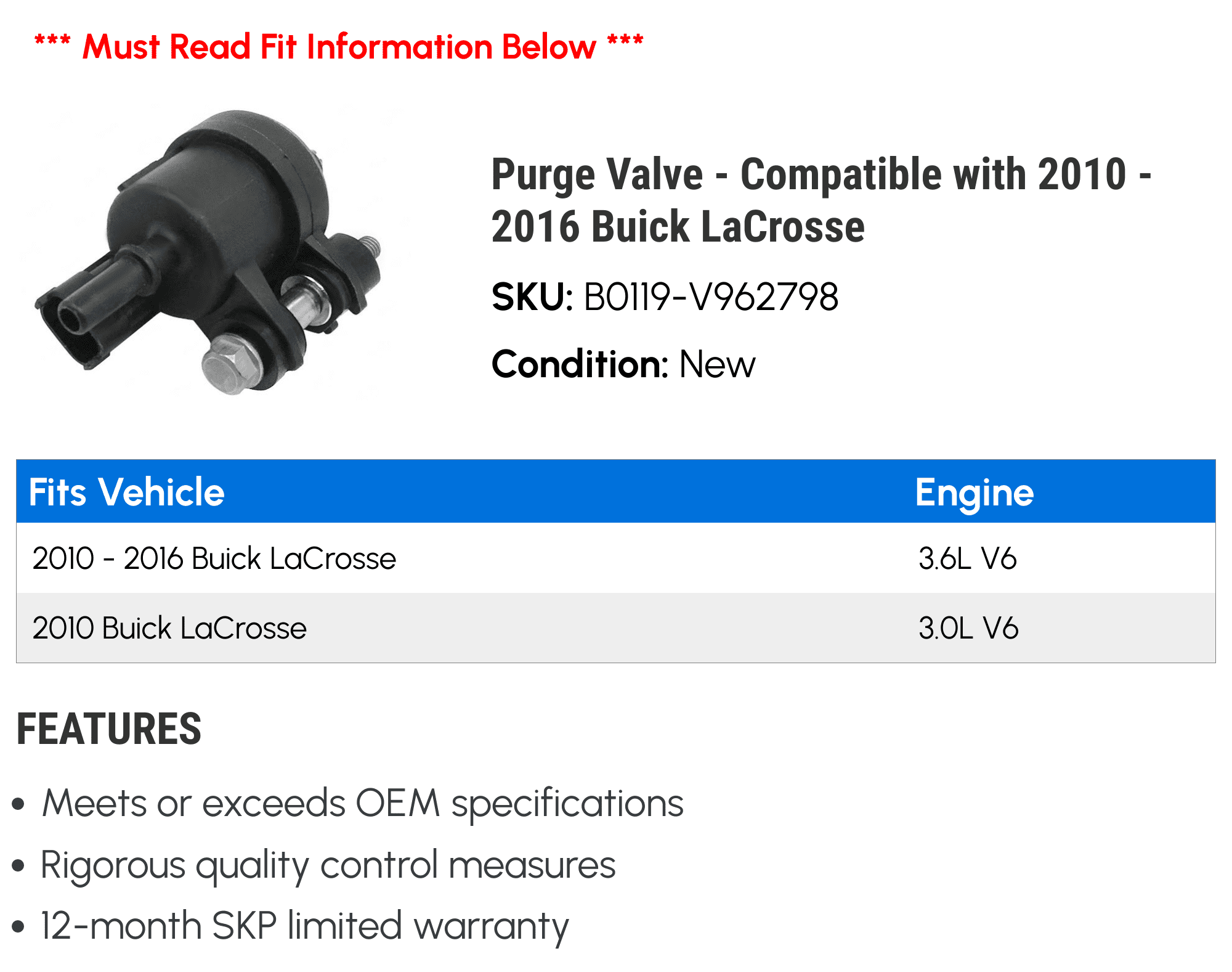 Purge Valve - Compatible with 2010 - 2016 Buick LaCrosse 2011 2012 2013 2014 2015