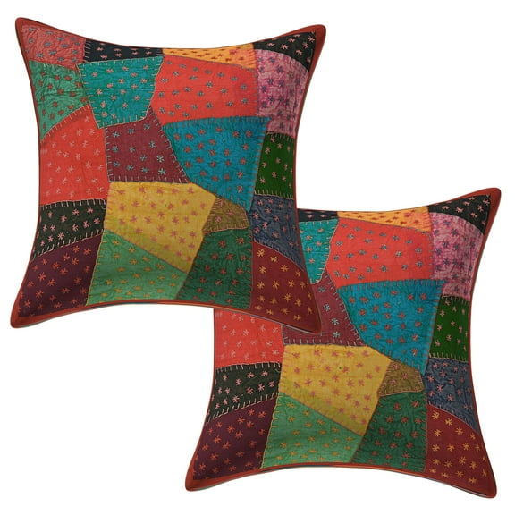 Stylo Culture Indian Couch Throw Pillow Covers 16 x 16 Embroidered Patchwork Multi Color Bohemian 40 x 40 cm Lounge Decor Cotton Abstract Square Cushion Covers | Set Of 2