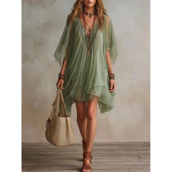 Women Sheer Chiffon V-Neck Flowy Tunic Dress Green