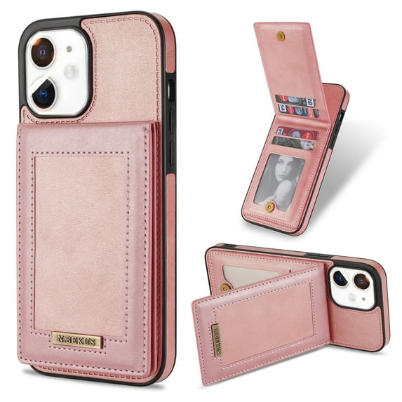 for iPhone 12 Wallet Case with Card Holder, Faux Leather Kickstand Card Slots Case, RFID Blocking Magnetic Shockproof Protective Slim Back Flip Phone Case for iPhone 12 6.1" - Rosegold