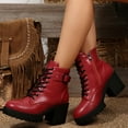 thumbnail image 2 of Kidagic Women Mid Calf Boots with Heel Buckle Strap and Lace Up Design Fashion Autumn Winter Ankle Booties(Color:Red,Size:7.5), 2 of 9