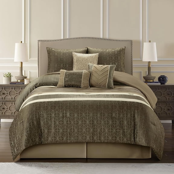 HZAT King Size Taupe Comforter Set, 7-Piece Geometric Jacquard Bedding with Bedskirt, Shams & Decorative Pillows