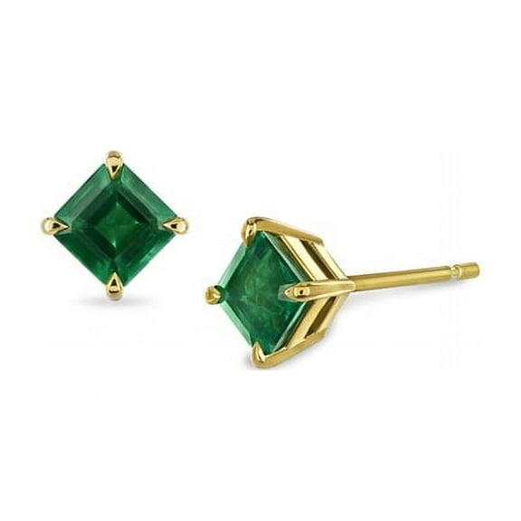 PJ Jewelry Princess Cut Emerald Stud Earrings, 2 Ct, 14K Yellow Gold-Plated