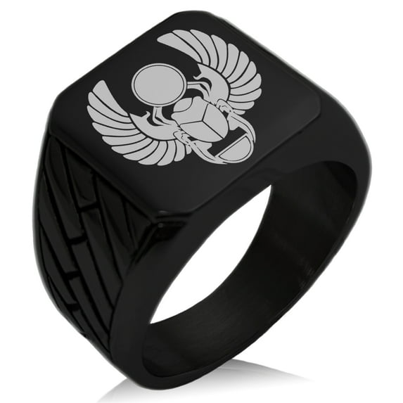 Stainless Steel Scarab Beetle Sacred Sun Geometric Pattern Biker Style Polished Ring